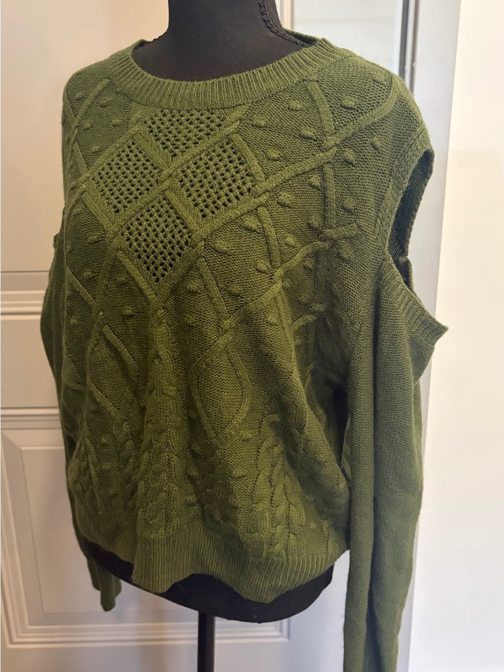 SHEIN Olive Crewneck Cable-Knit Cold-Shoulder Sweater